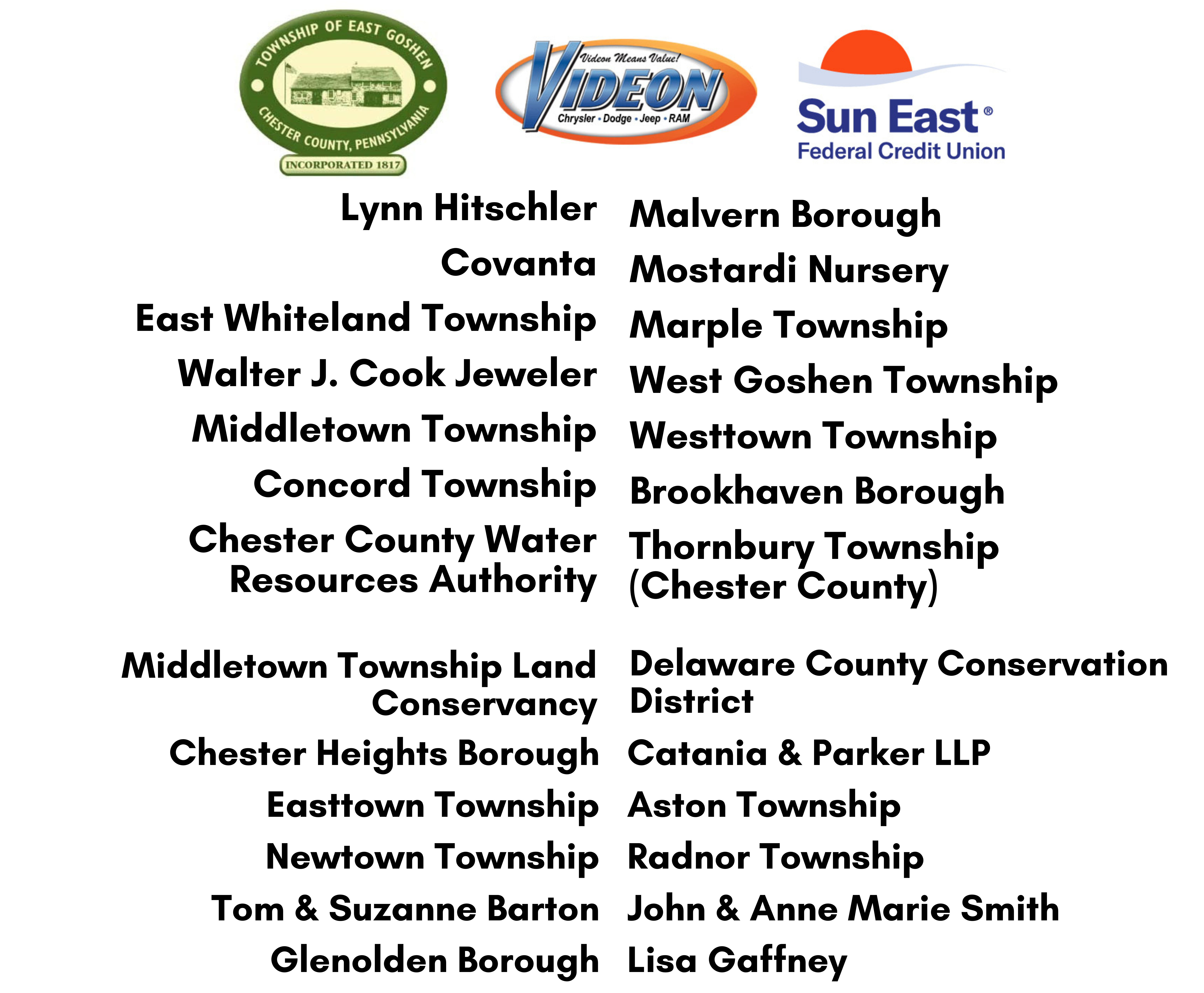 East Goshen Township, Videon, Sun East Federal Credit Union, Lynn Hitschler, Convanta, East Whiteland Township, Walter J. Cook Jeweler, Middletown Township, Concord Township, Chester County Water Resources Authority, Malvern Borough, Mostardi Nursery, Marple Township, West Goshen Township, Westtown Township, Brookhaven Borough, Thornbury Township (Chester County), Middletown Township Land Conservancy, Chester Heights Borough, Easttown Township, Newtown Township, Tom & Suzanne Barton, Glenolden Borough, Delaware County Conservation District, Catania & Parker LLP, Aston Township, Radnor Township, John & Anne Marie Smith, Lisa Gaffney