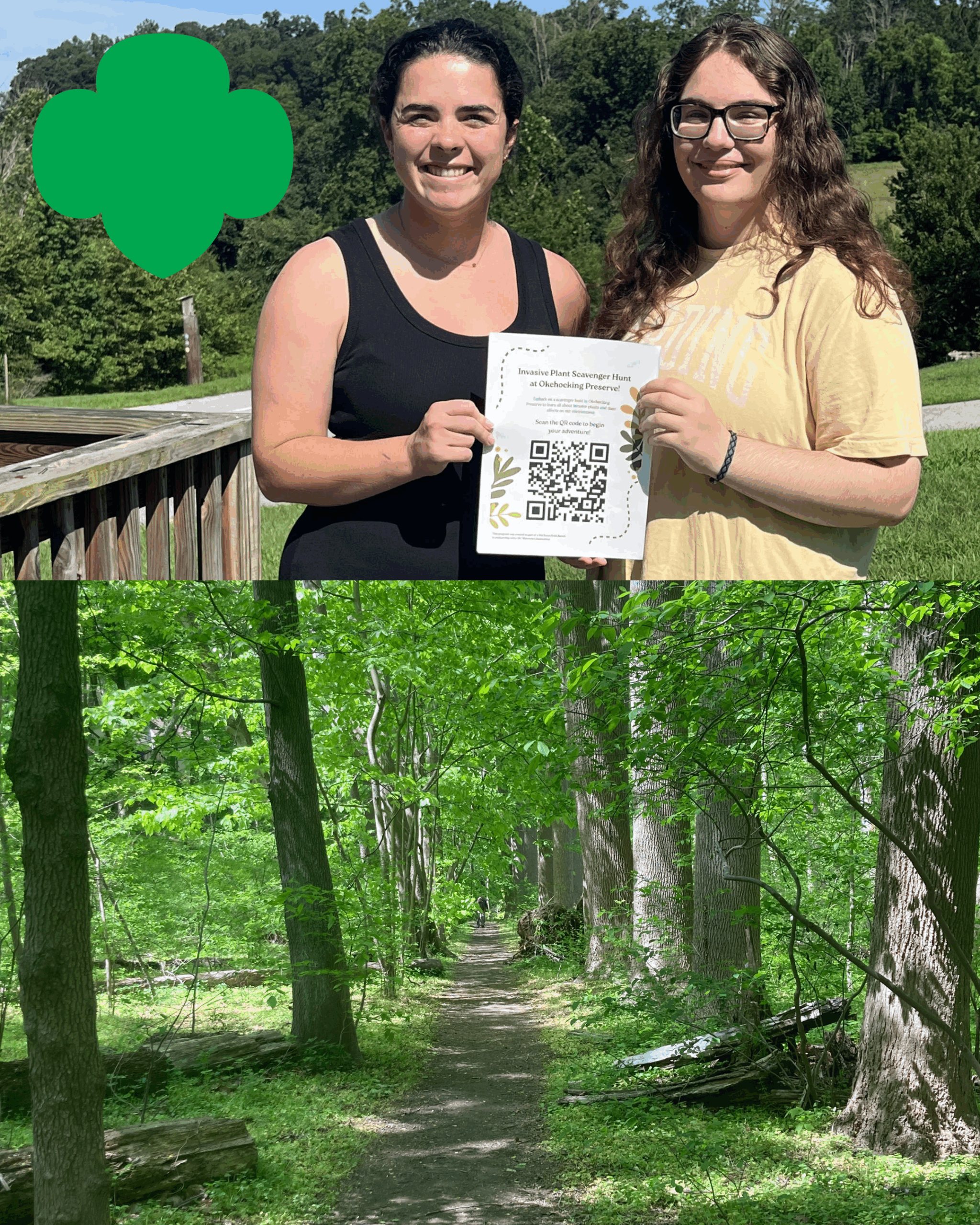 Image of Siana (Gold Award Recipient) and Carly Lare (Executive Director) with picture of trail and Girl Scout logo